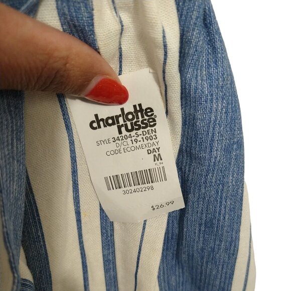 Charlotte Russe Wide Leg Pullon Pants Women Size M White Blue Stripe Linen Blend - Picture 5 of 11